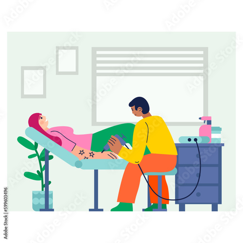 Love of tattoos. Guy painter draws stars on arm of client at salon with needle machine vector