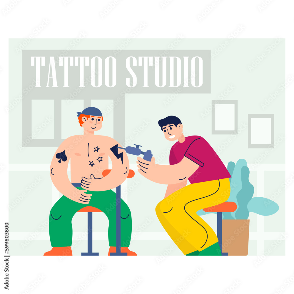 Cheerful tattoo artist does ink drawing of man in studio illustration Cheerful tattoo artist does ink drawing of man in studio illustration