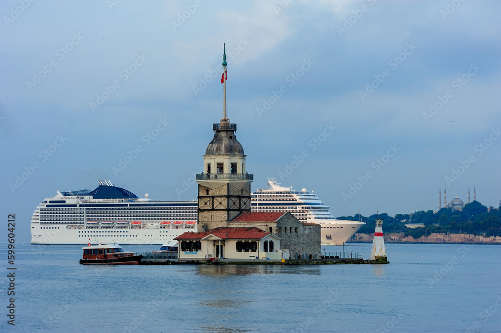 Cruise ship in Bosporus Strait behind Maiden's Tower