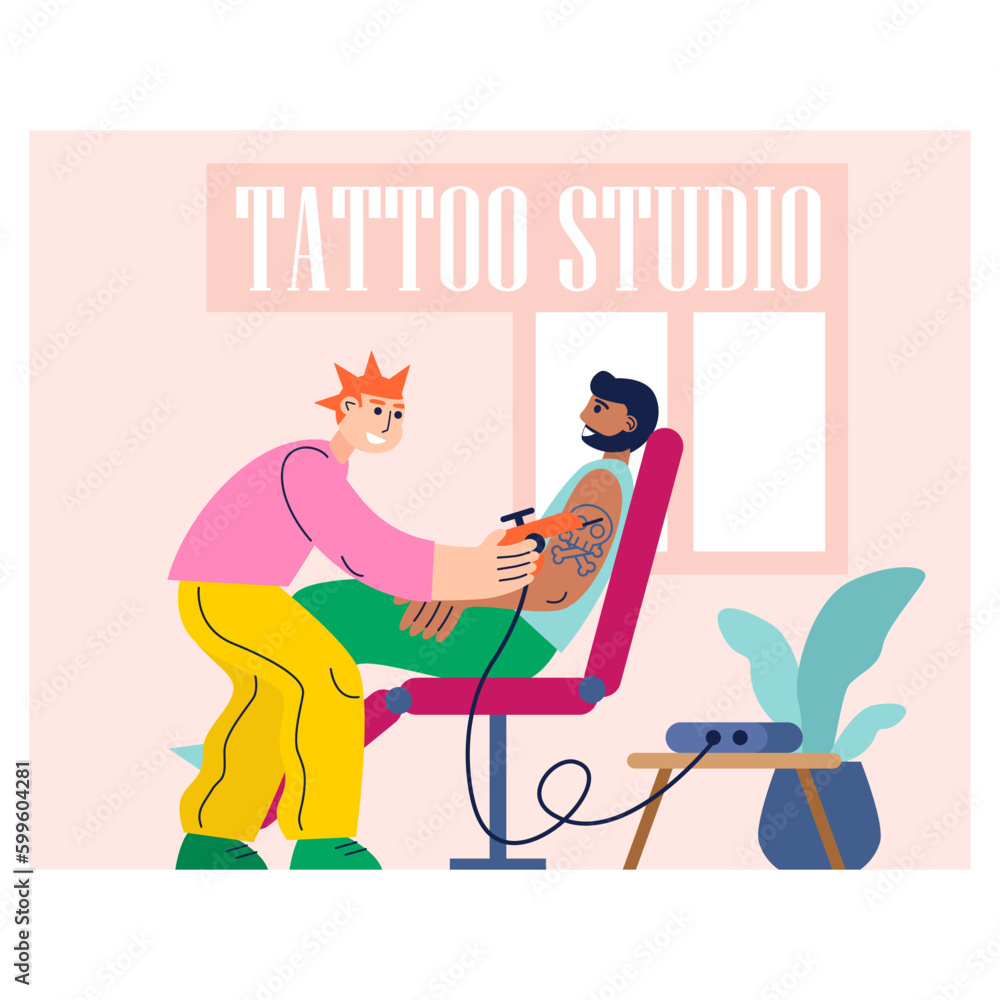 Tattoo parlor concept. Male craftsman with punk hairstyle gets tattoo of man character