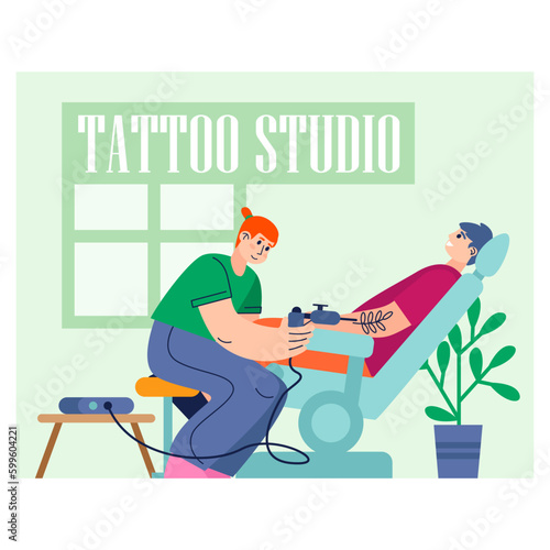 Positive girl tattooist puts sprig of wood on arm of male client in tattoo parlor illustration
