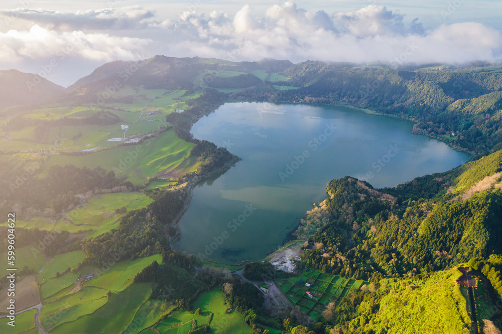 Aerial view of the landscapes on Sao Miguel Island, green farmland and volcanic mountains and lakes, Azores, Portugal