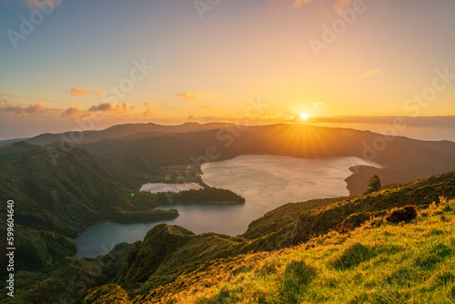 Aerial view of the volcanic lake   Lagoa do Fogo on Sao Miguel Island at sunrise  Azores  Portugal