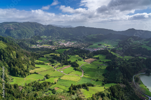 Aerial view of the city Furnas and the countryside landscapes on Sao Miguel Island, Azores, Portugal photo