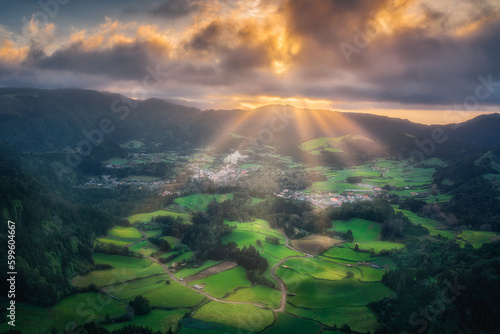 Aerial view of the city Furnas and the countryside landscapes on Sao Miguel Island, Azores, Portugal
