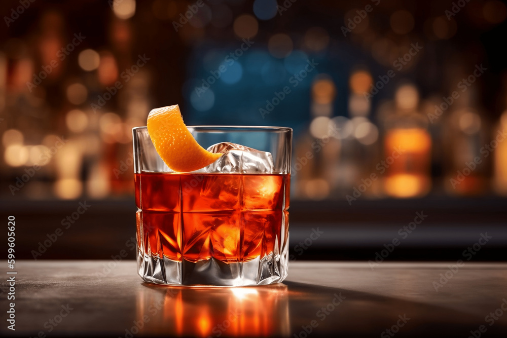 Glass of negroni vermouth campari drink on bar and bar view Glass of negroni vermouth campari drink on bar and bar view