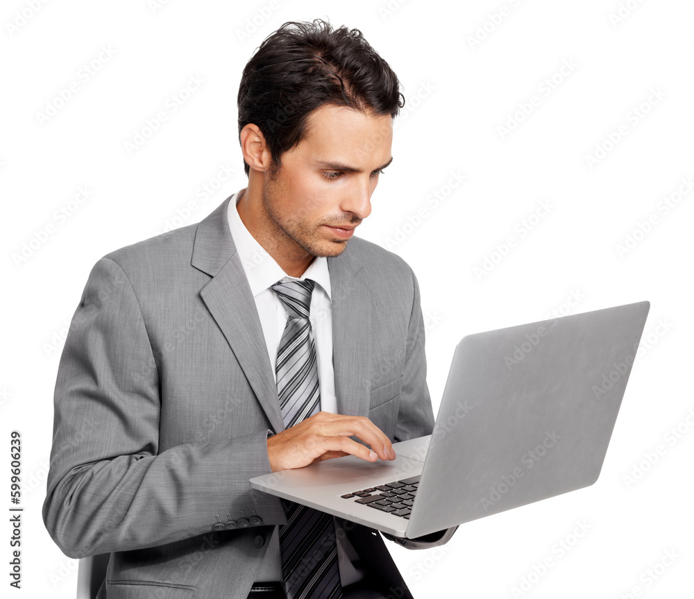 Laptop, business man and focus isolated on a transparent, png background for online review, report and analysis. Serious, planning and typing of professional person or corporate worker on computer Laptop, business man and focus isolated on a transparent, png background for online review, report and analysis. Serious, planning and typing of professional person or corporate worker on computer