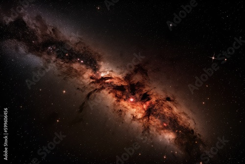 close-up of galaxy, with bright nebulosities and star clusters visible, created with generative ai
