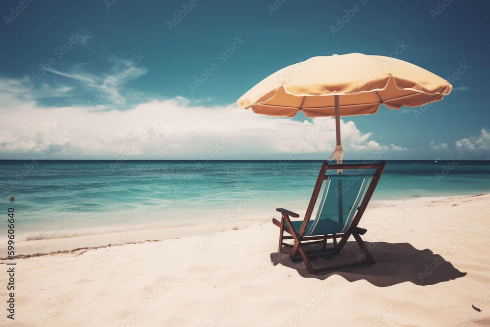 Beach chair on sandy shore with sea view, outdoor seaside holiday with beach umbrella. illustration. Generative AI