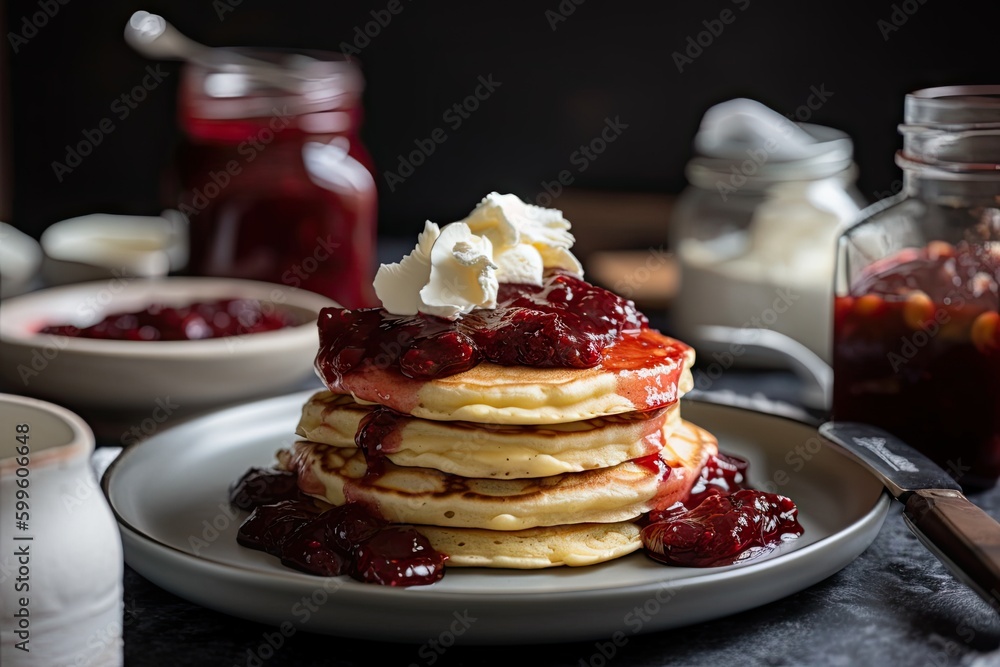 stack of pancakes, topped with homemade strawberry jam and whipped cream, created with generative ai stack of pancakes, topped with homemade strawberry jam and whipped cream, created with generative ai