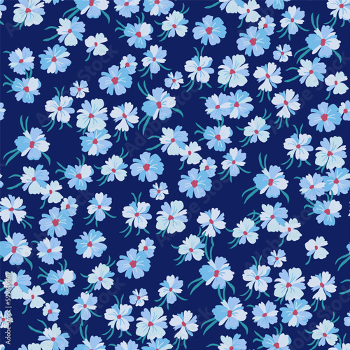 Vector seamless pattern with stylized floral motif, lots of small blue flowers on a dark blue background. Hand-drawn little flowers.