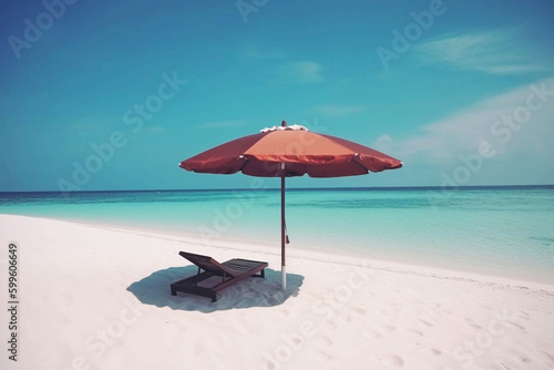 Beach chair on sandy shore with sea view  outdoor seaside holiday with beach umbrella. illustration. Generative AI