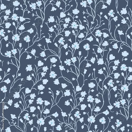 Spring floral pattern of turquoise flowers on a pale blue background.