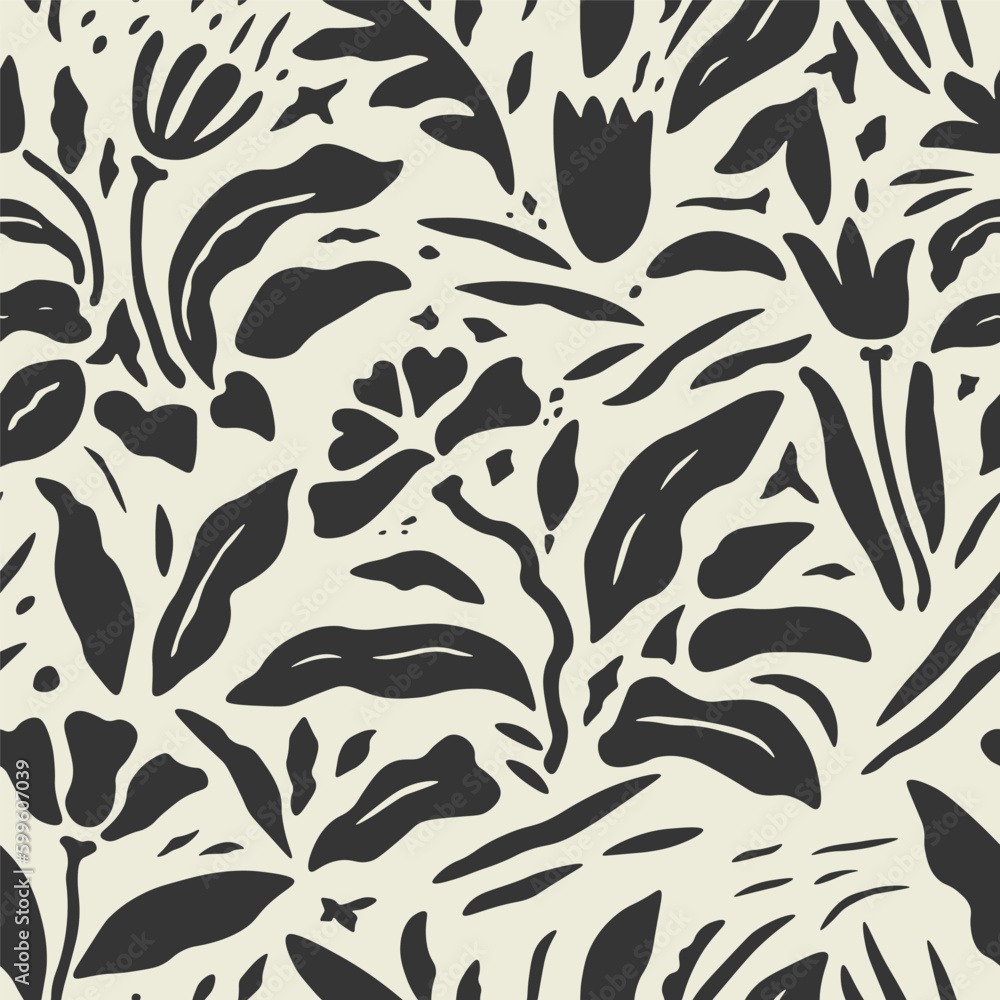 Hand drawn abstract floral seamless pattern. Collection with tropical leaves in dark color on a light background. Includes doodle elements. Hand drawn abstract floral seamless pattern. Collection with tropical leaves in dark color on a light background. Includes doodle elements.