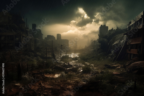 A dark and polluted cityscape, conceptual illustration. Generative AI