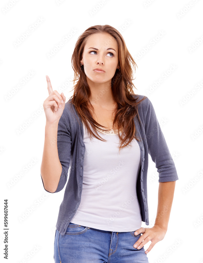 Thinking, confused and pointing with woman on png for questions, doubt and brainstorming. Idea, solution and inspiration with female model isolated on transparent background for contemplating choice Thinking, confused and pointing with woman on png for questions, doubt and brainstorming. Idea, solution and inspiration with female model isolated on transparent background for contemplating choice