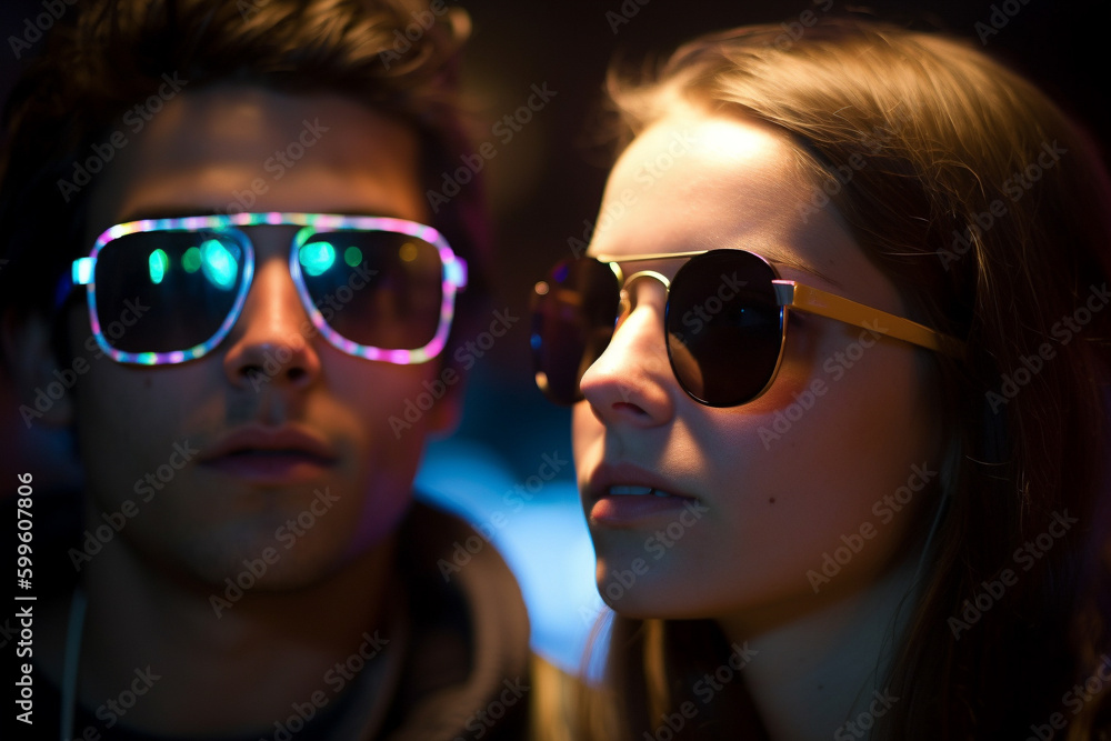 Cool young couple attending an electronic music concert or listening to music. Generative AI Cool young couple attending an electronic music concert or listening to music. Generative AI