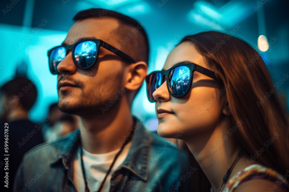 Cool young couple attending an electronic music concert or listening to music. Generative AI Cool young couple attending an electronic music concert or listening to music. Generative AI