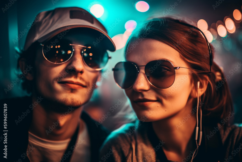 Cool young couple attending an electronic music concert or listening to music. Generative AI Cool young couple attending an electronic music concert or listening to music. Generative AI