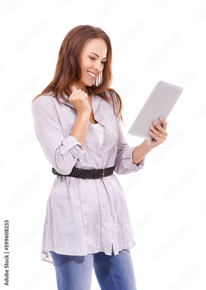 Isolated woman, tablet celebration and smile for online competition, esports or win by transparent png background. Young model, winner girl and touchscreen with gambling app, web games and success Isolated woman, tablet celebration and smile for online competition, esports or win by transparent png background. Young model, winner girl and touchscreen with gambling app, web games and success
