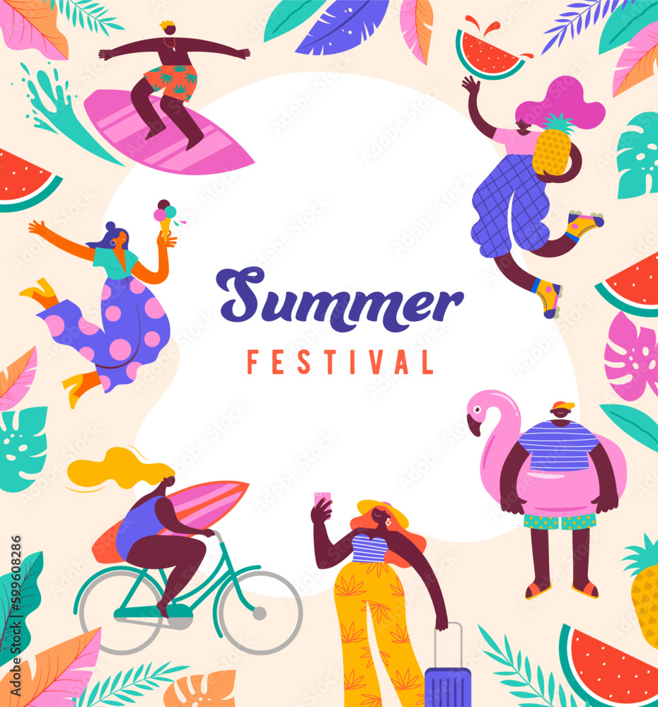 Obraz premium Summer festival, summer sale poster, modern style characters, people at summer. Swimming, traveling, surfing, making fun on beach and pool