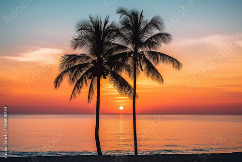 palm trees sunset on the beach, AI Generated