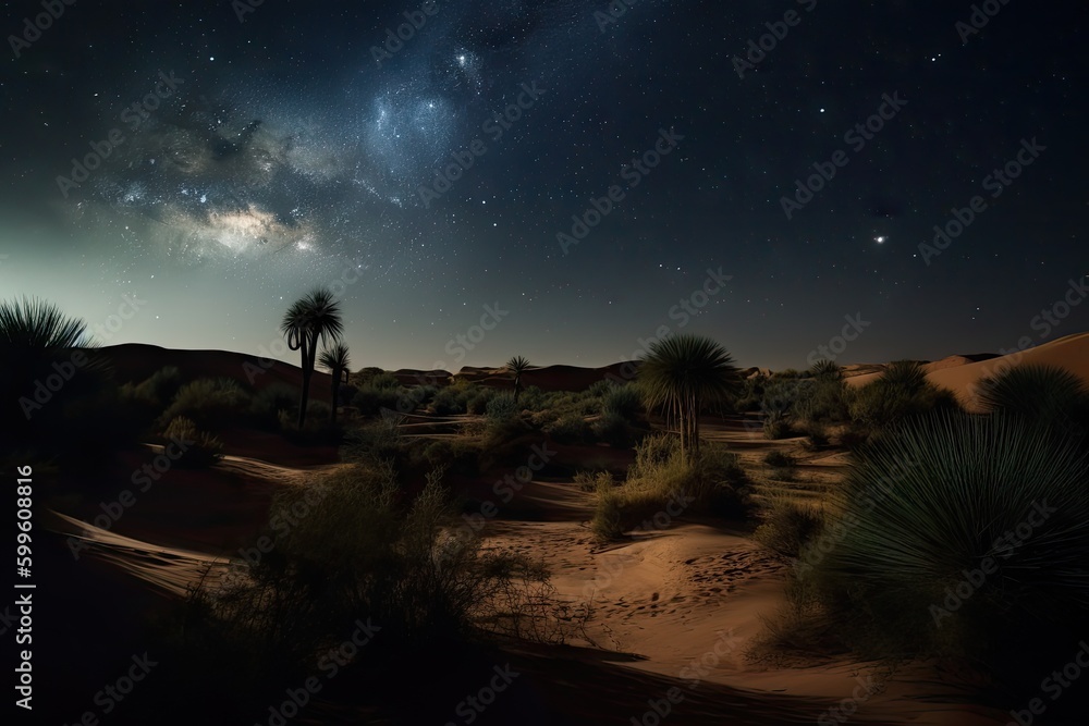 night sky with stars and moon, shining down over oasis in desert, created with generative ai