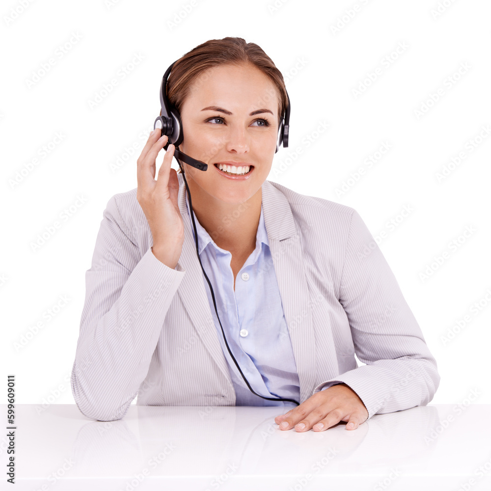 Call center, thinking and happy woman isolated on transparent, png background for online solution for client. Professional agent, consultant or business people with telecom ideas, vision or help desk Call center, thinking and happy woman isolated on transparent, png background for online solution for client. Professional agent, consultant or business people with telecom ideas, vision or help desk
