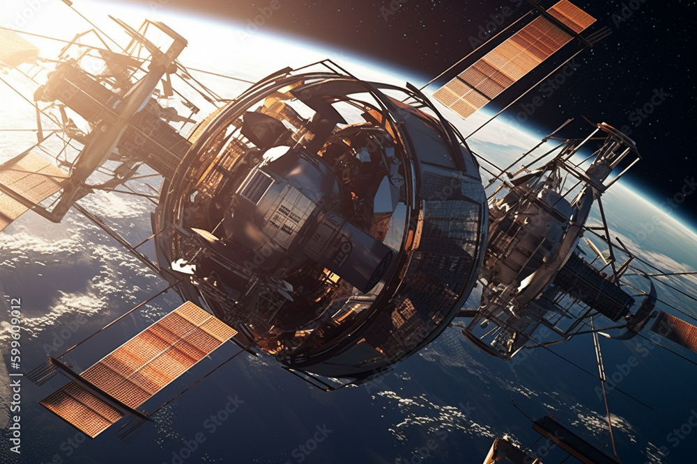A spaceship orbiting a planet - space exploration concept. Generative AI A spaceship orbiting a planet - space exploration concept. Generative AI