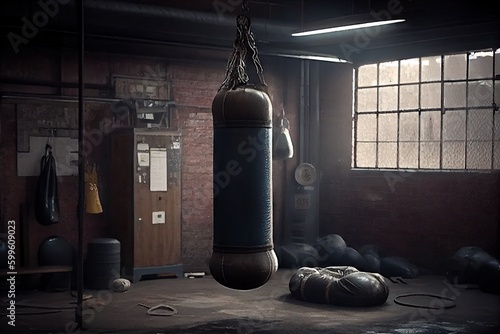 punching bag hanging in boxing gym, with speed and agility ropes nearby, created with generative ai photo