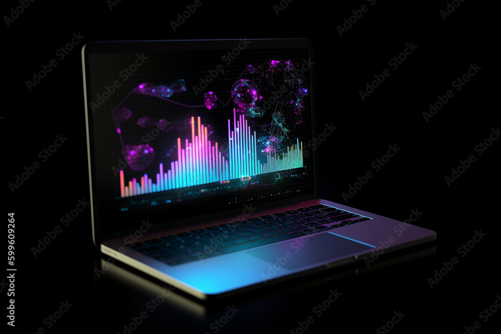 Conceptual illustration of a laptop displaying analytical data with colorful growth charts. Generative AI Conceptual illustration of a laptop displaying analytical data with colorful growth charts. Generative AI