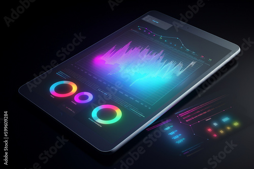 Conceptual illustration of a tablet displaying analytical data with colorful growth charts. Generative AI