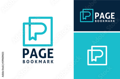 book initial letter P with page ribbon bookmark simple modern line logo design	
