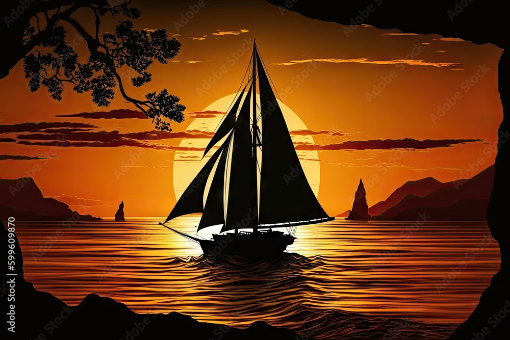 sunset sailboat, with silhouette of sail and mast against the setting sun, created with generative ai