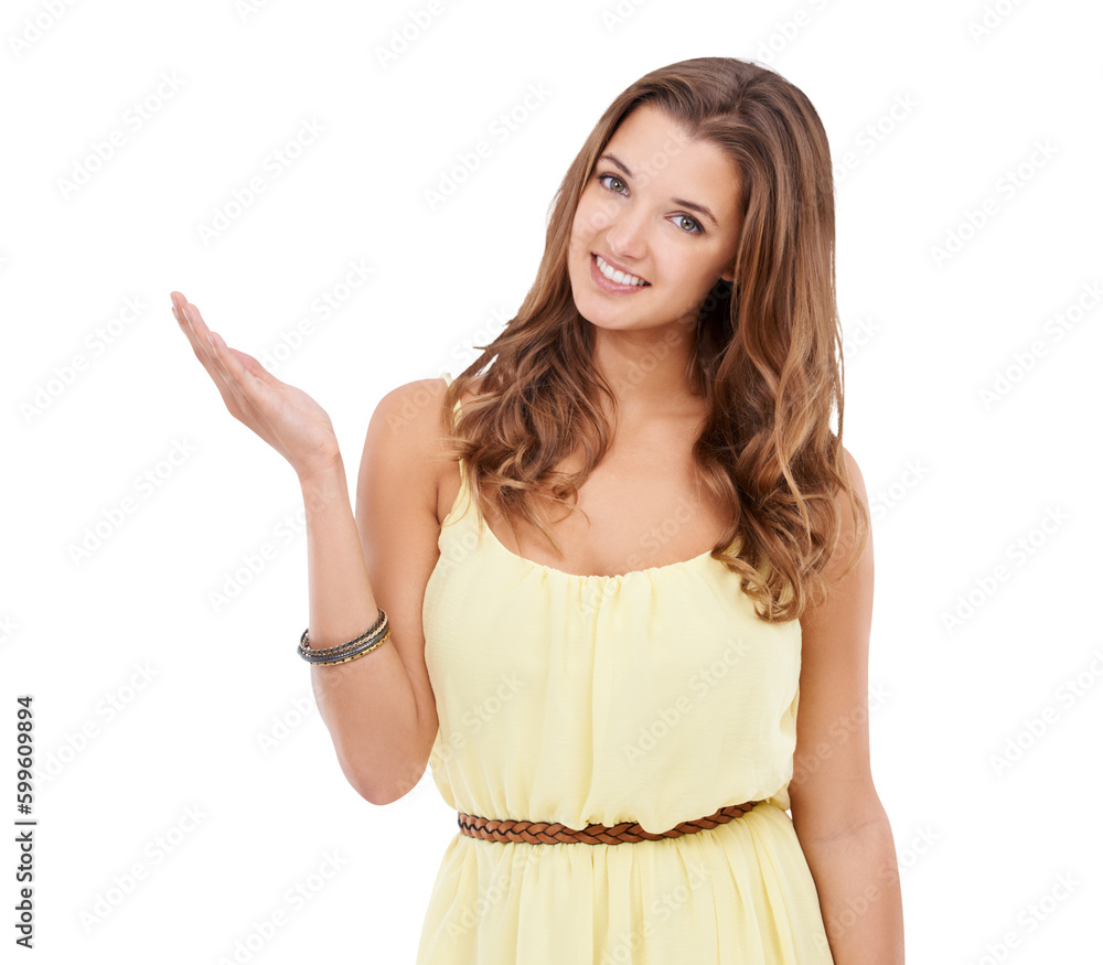 Isolated woman, open hand and portrait with smile, review and open hand by transparent png background. Student girl, model and happiness with palm for promotion, product and presentation with fashion Isolated woman, open hand and portrait with smile, review and open hand by transparent png background. Student girl, model and happiness with palm for promotion, product and presentation with fashion