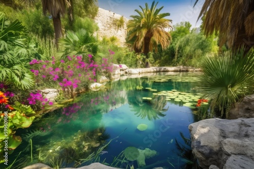 oasis with clear waters and colorful plants and flowers  created with generative ai