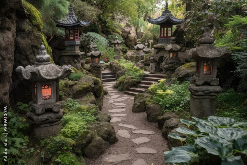 ancient rock garden, with stone pathways and lanterns, created with generative ai ancient rock garden, with stone pathways and lanterns, created with generative ai