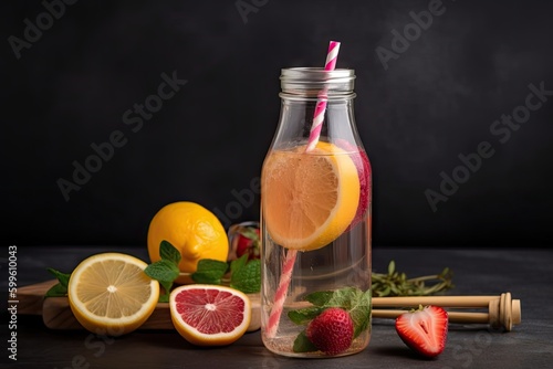 refreshing fruit-infused water in glass bottle with straw, created with generative ai