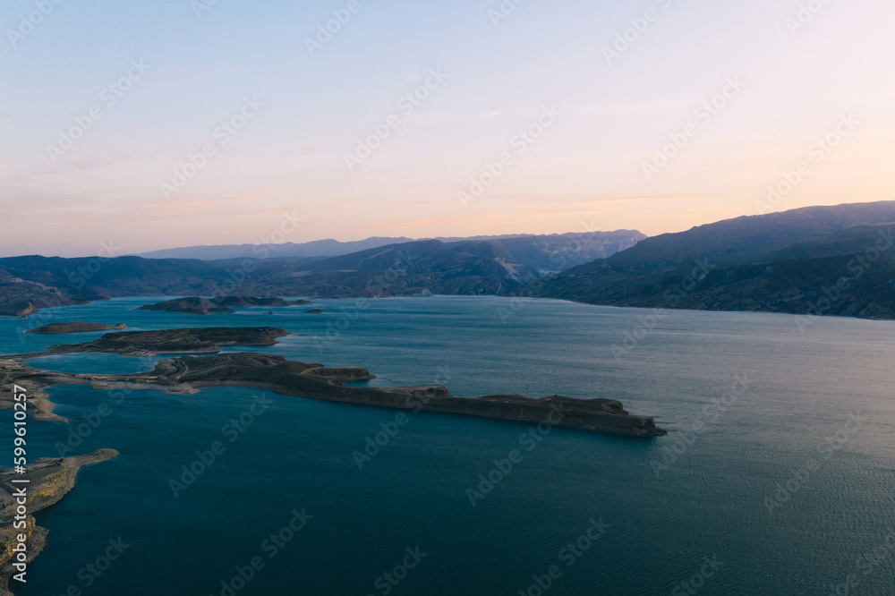 Drone view of picturesque sea and mountains