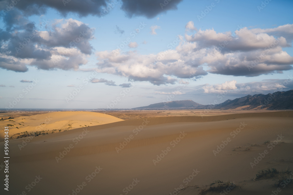 Desert with mountains on one end under cloudy sky
