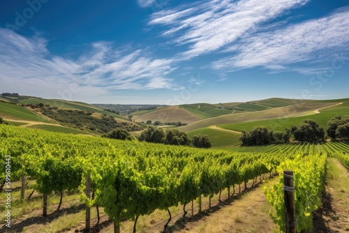 vineyard surrounded by rolling hills and blue skies  created with generative ai