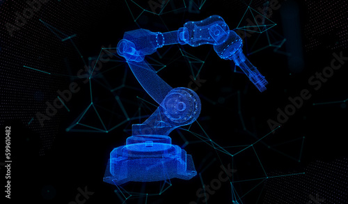 Industrial robot. Blue particles formation in 3d robot hand model