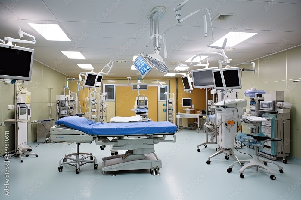 modern hospital, with view of the operating room, complete with surgical instruments and monitoring equipment, created with generative ai modern hospital, with view of the operating room, complete with surgical instruments and monitoring equipment, created with generative ai