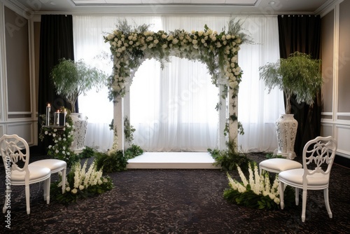 ceremony with ornate white arch and backdrop of greenery, created with generative ai