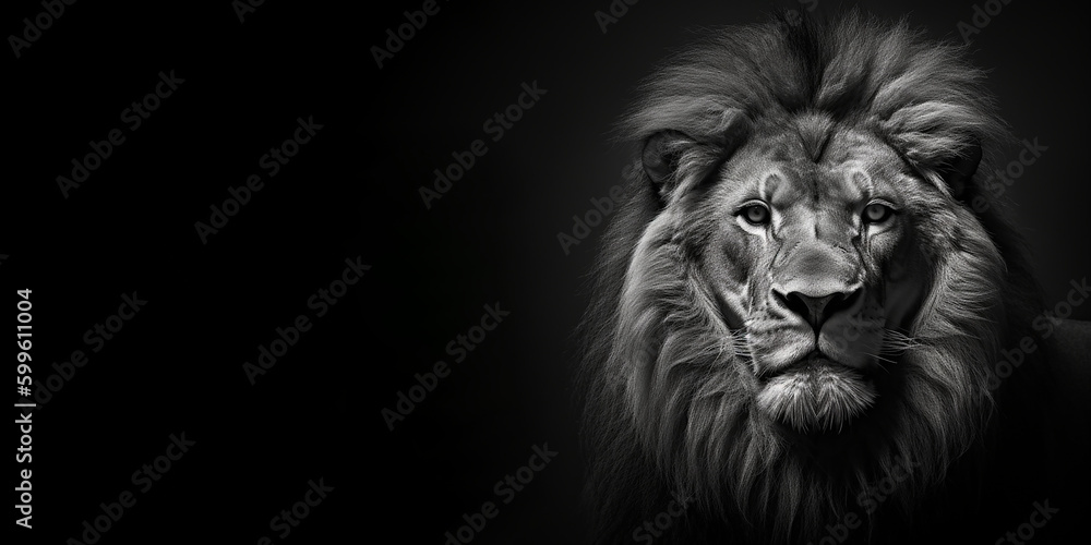 Black and white photorealistic studio portrait of a Male Lion on black background. Generative AI illustration
