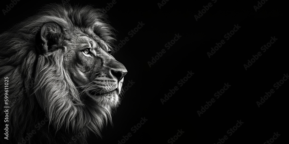 Black and white photorealistic studio portrait of a Male Lion on black background. Generative AI illustration