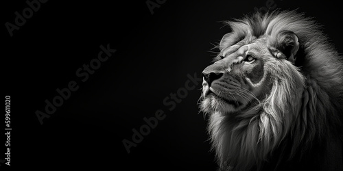 Black and white photorealistic studio portrait of a Male Lion on black background. Generative AI illustration