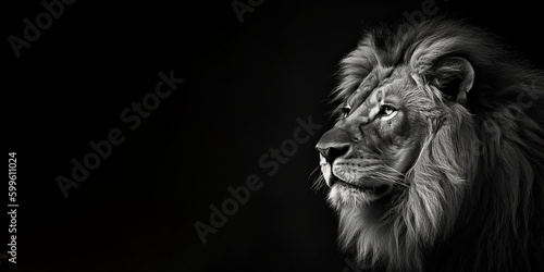Black and white photorealistic studio portrait of a Male Lion on black background. Generative AI illustration © JoelMasson