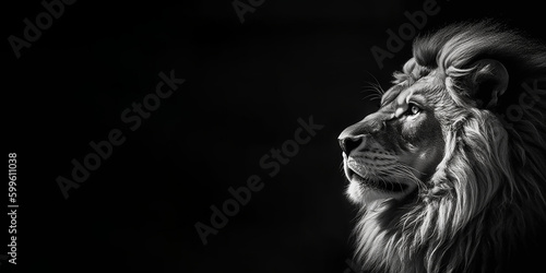 Black and white photorealistic studio portrait of a Male Lion on black background. Generative AI illustration © JoelMasson