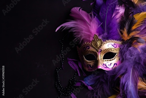 mardi gras card with festive mask and feathers, created with generative ai